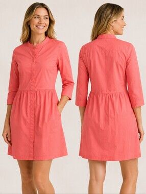Tuckernuck Coral Button Front Shirt Dress Mandarin Collar 3/4 Sleeve Women's M
